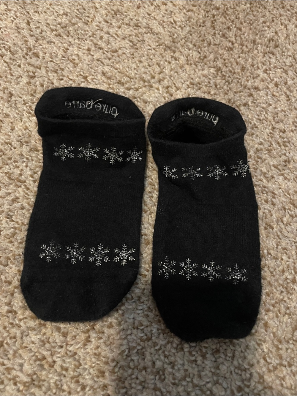Pure Barre Black No-Show Socks with Silver Snowflake Detail